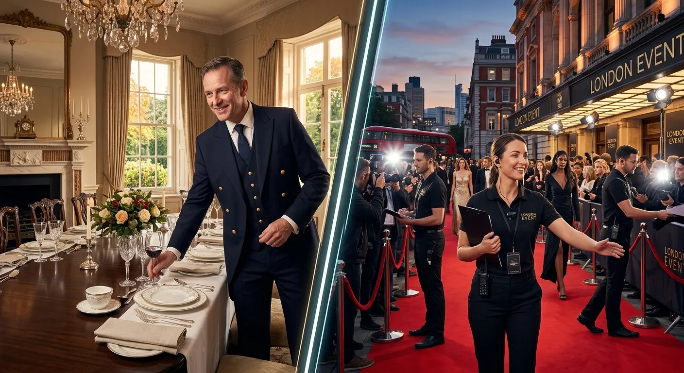 A professional, high-end composite image showing a confident, well-dressed butler setting a formal d... A professional, high-end composite image showing a confident, well-dressed butler setting a formal dining table in an elegant home, juxtaposed with energetic event staff managing a red-carpet event in London. Style: Clean, modern, aspirational. Mood: Trustworthy, premium, efficient.