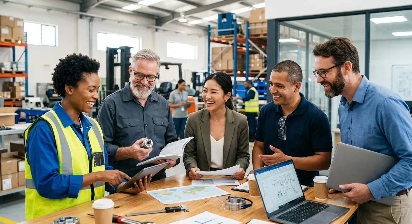 A diverse group of professional, skilled workers in a modern industrial or office setting, smiling a... A diverse group of professional, skilled workers in a modern industrial or office setting, smiling and collaborating. Style: High-quality, professional stock photo with a bright, optimistic mood. Focus on hands-on roles like technicians, warehouse supervisors, and admin staff.