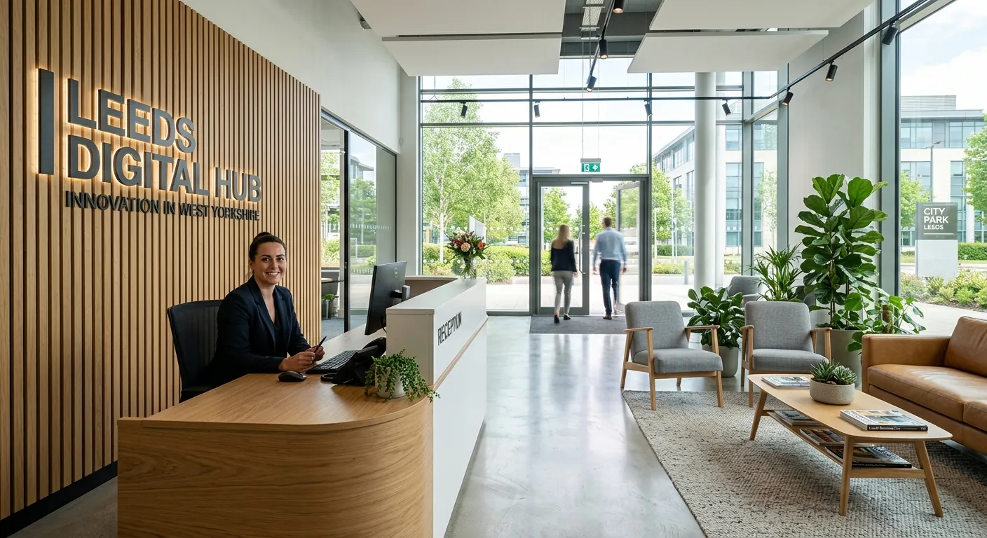 A modern, bright reception area in a Leeds business park, featuring a professional receptionist at a... A modern, bright reception area in a Leeds business park, featuring a professional receptionist at a sleek desk, a company logo on the wall, and a comfortable waiting area with plants.
