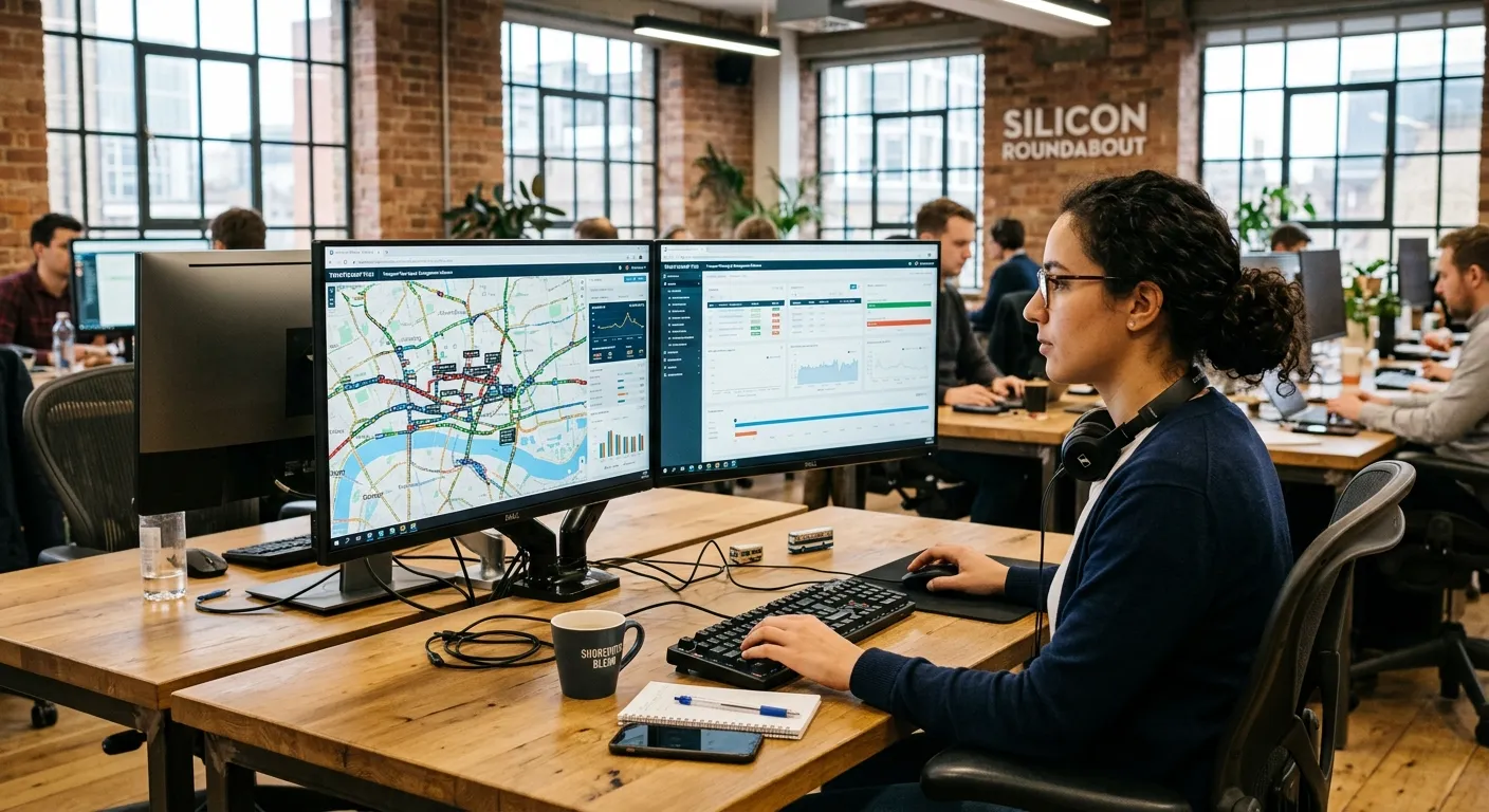 A transport planner at a dual-monitor workstation in a modern Shoreditch office, using planning soft... A transport planner at a dual-monitor workstation in a modern Shoreditch office, using planning software with a map of London showing multiple live vehicle tracks.