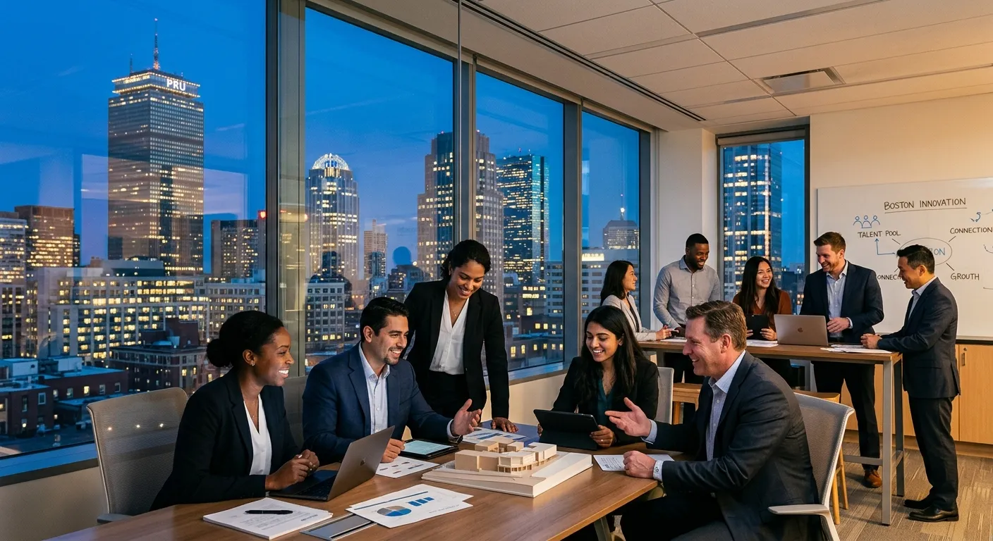 A dynamic, professional photo of the Boston skyline (Prudential Tower, Hancock) blending with a dive... A dynamic, professional photo of the Boston skyline (Prudential Tower, Hancock) blending with a diverse group of professionals in a modern office, symbolizing the connection between the city and its talent pool. Style: Vibrant, professional. Mood: Energetic and forward-thinking.