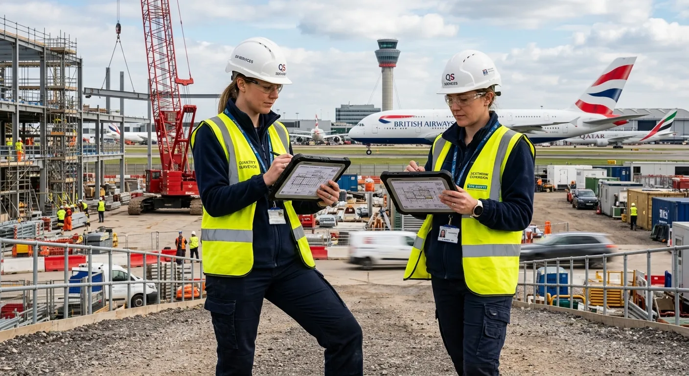 A professional Quantity Surveyor, wearing a hard hat and high-visibility vest, reviewing construction plans on a tablet at a bustling Heathrow construction site, with aircraft in the background. Style: Realistic, professional, aspirational.