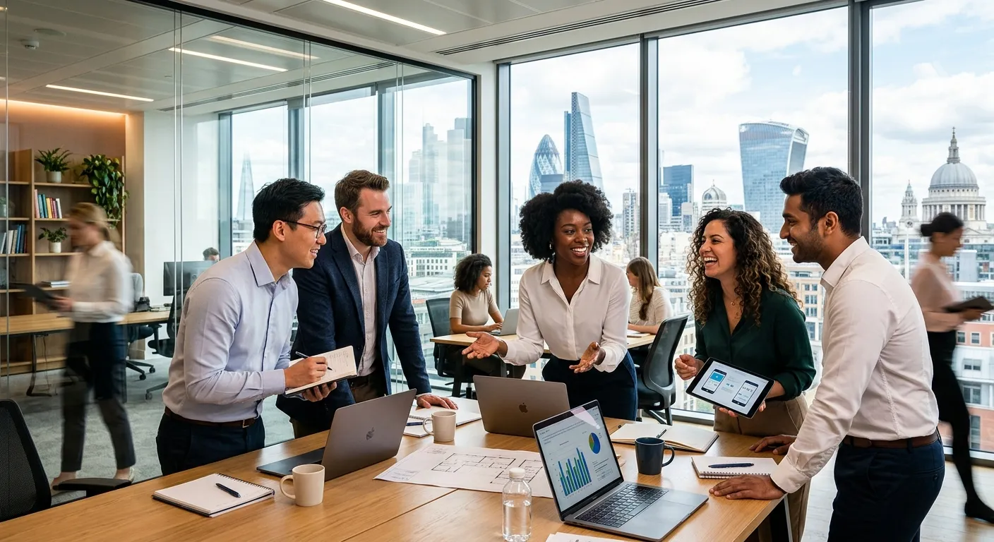 A dynamic, high-energy professional photo of diverse teams collaborating in a modern London office s... A dynamic, high-energy professional photo of diverse teams collaborating in a modern London office setting, with the iconic London skyline visible through floor-to-ceiling windows. The mood is confident, successful, and forward-thinking.