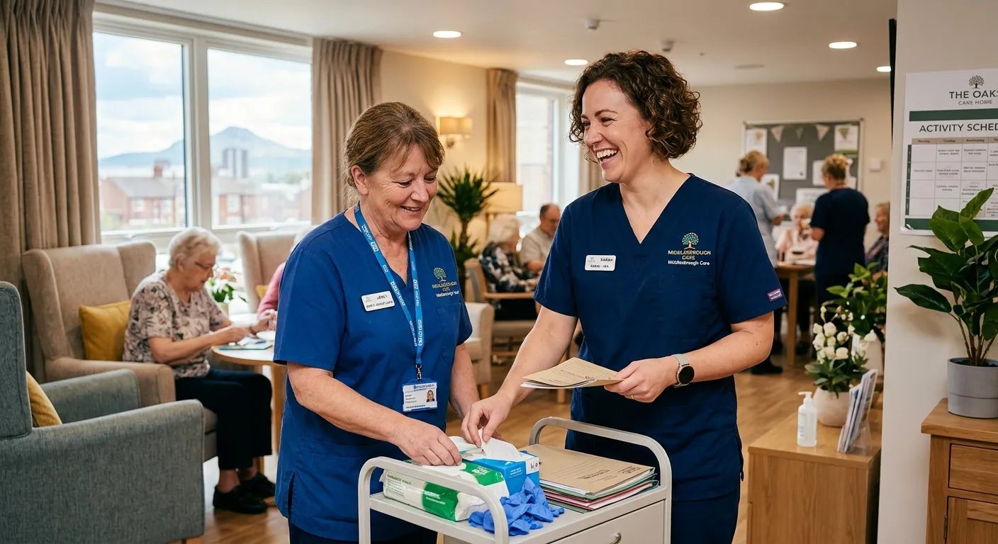 A professional, warm, and confident-looking Healthcare Assistant in a modern clinical or care home setting in Middlesbrough, wearing blue scrubs, smiling while assisting a colleague. The image should convey competence, compassion, and a positive team environment.