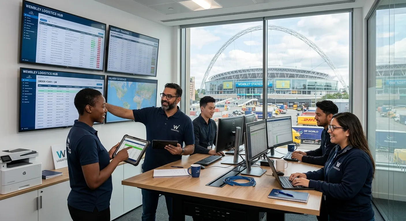 A professional, diverse team of logistics coordinators working collaboratively in a modern warehouse... A professional, diverse team of logistics coordinators working collaboratively in a modern warehouse control room in Wembley. They are reviewing shipping schedules on digital tablets and large monitors, with the iconic Wembley Stadium arch visible through a window, conveying efficiency and local relevance.
