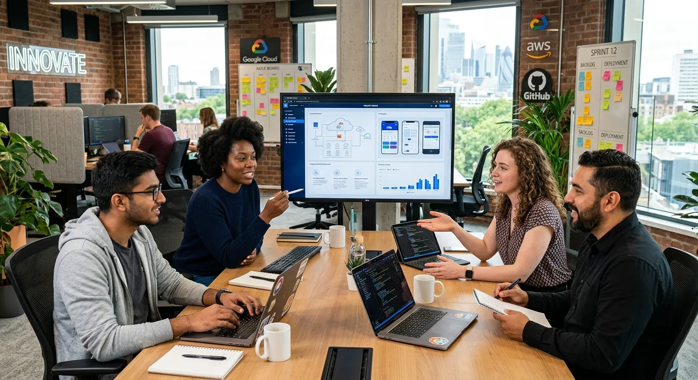 A modern, diverse team of IT professionals collaborating in a bright, tech-focused office. Style: professional, high-resolution, vibrant. Mood: innovative, collaborative, and forward-thinking.