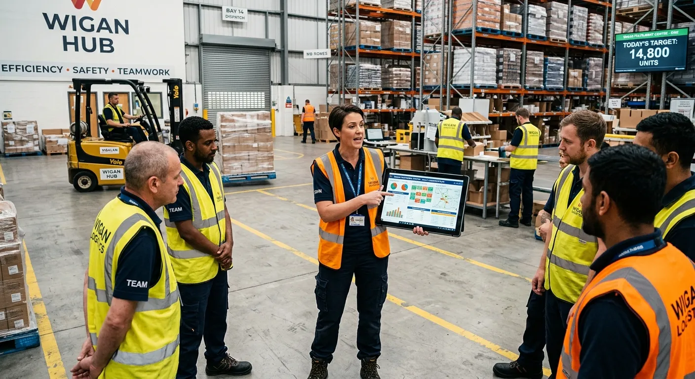A professional, high-energy image of a modern warehouse in Wigan. A Warehouse Manager in high-visibi... A professional, high-energy image of a modern warehouse in Wigan. A Warehouse Manager in high-visibility clothing is seen leading a team briefing, pointing towards a logistics plan on a tablet. The atmosphere is focused, efficient, and collaborative.