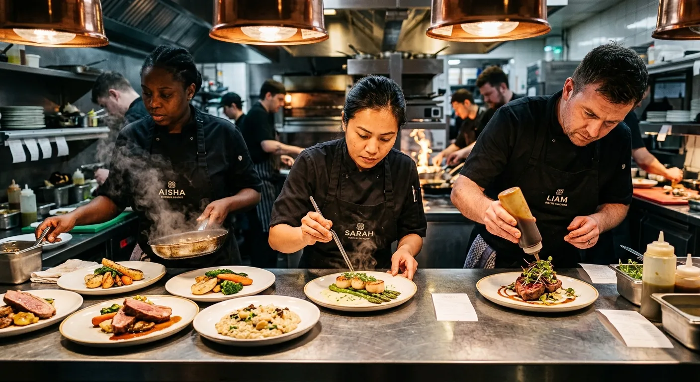 A high-energy, professional kitchen scene. A diverse team of chefs, including a sous chef, work in h... A high-energy, professional kitchen scene. A diverse team of chefs, including a sous chef, work in harmony at a stainless-steel pass. Focus on sharp, vibrant details: perfectly plated dishes, steam rising, and an atmosphere of focused excellence. Modern, high-contrast photography.