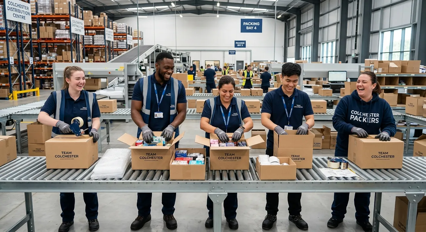 A professional, high-energy photo of a diverse team of production packers in a modern, clean warehou... A professional, high-energy photo of a diverse team of production packers in a modern, clean warehouse in Colchester. They are efficiently packing goods into boxes on a conveyor belt, smiling and working collaboratively. The image conveys professionalism, teamwork, and a positive work environment.