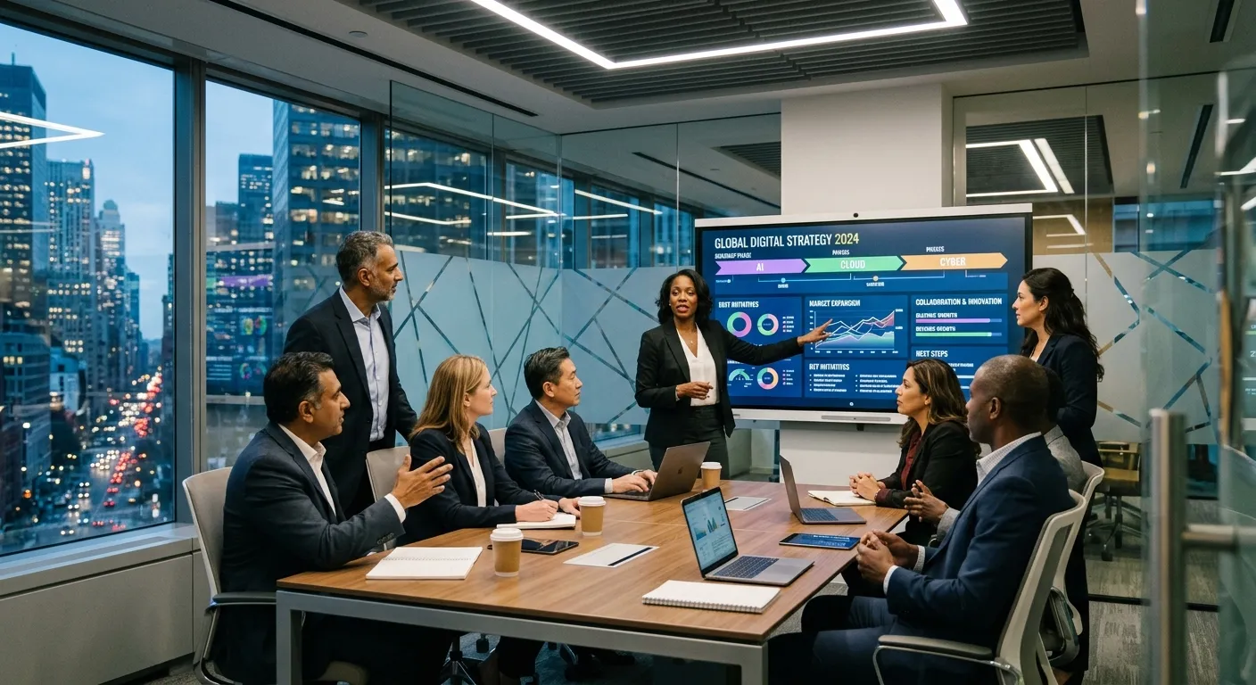 A modern, diverse boardroom of senior tech executives in a sleek glass office, discussing a digital strategy on a large interactive screen. The mood is collaborative, innovative, and high-stakes, with a focus on leadership and technology.