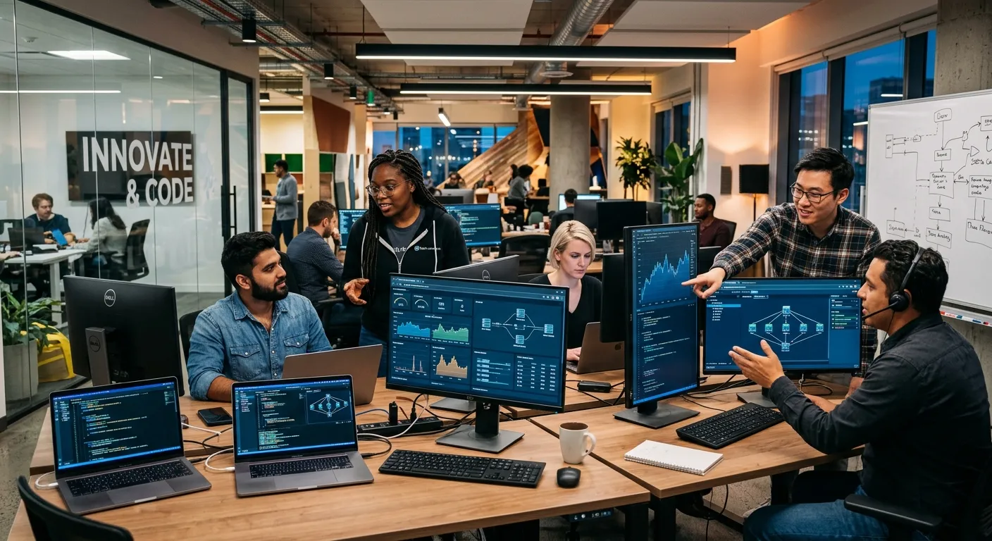 A modern, dynamic office environment with a diverse team of IT professionals collaborating around multiple screens displaying code, network diagrams, and data analytics. Style: Professional, energetic, high-tech. Mood: Innovative and forward-thinking.