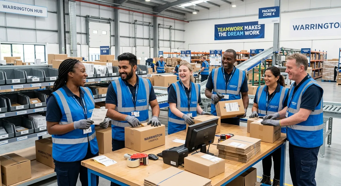 A professional, diverse group of warehouse and production staff in high-visibility vests, smiling an... A professional, diverse group of warehouse and production staff in high-visibility vests, smiling and collaborating in a clean, modern packing facility in Warrington. The image should convey teamwork, efficiency, and a positive work environment.