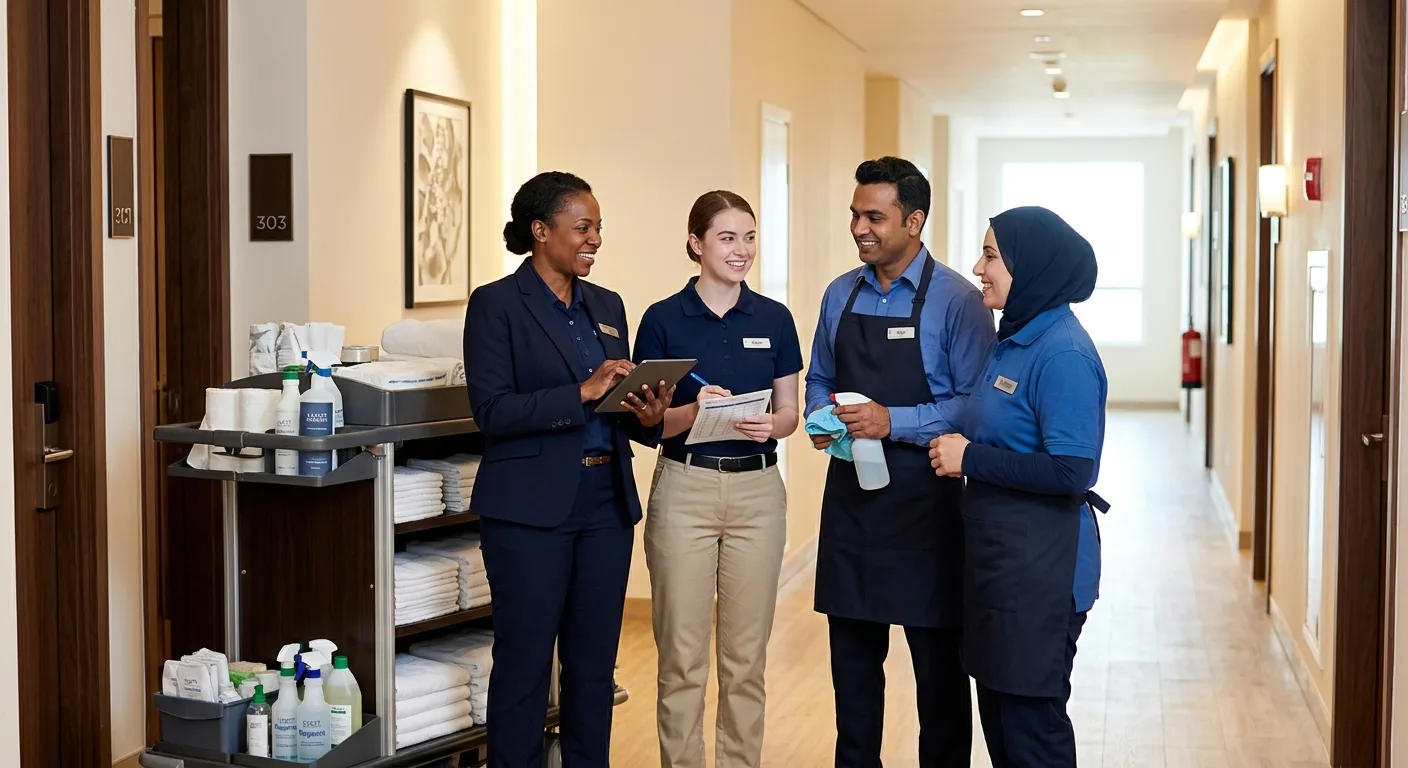 A professional, diverse team of housekeeping staff in a modern hotel corridor, smiling and collabora... A professional, diverse team of housekeeping staff in a modern hotel corridor, smiling and collaborating. One supervisor in a dark uniform is giving instructions. Style: Bright, clean, aspirational. Mood: Professional, efficient, and team-oriented.