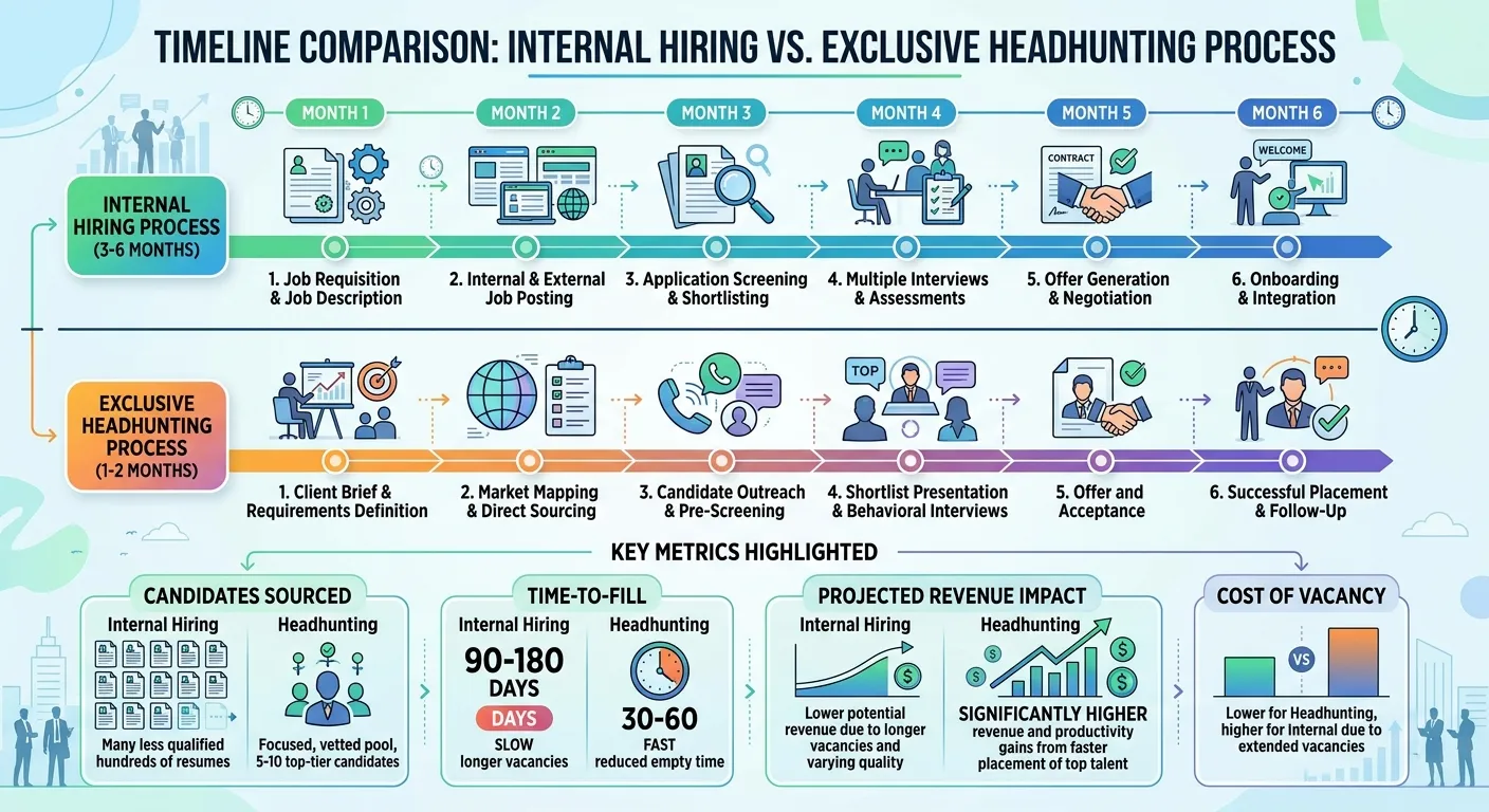 An infographic showing a timeline comparing internal hiring vs. exclusive headhunting process, with key metrics like 'Candidates Sourced', 'Time-to-Fill', and 'Projected Revenue Impact' highlighted.