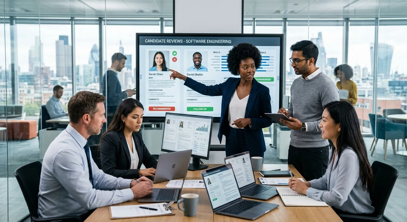 A diverse group of professional recruiters in a modern, glass-walled office, collaboratively reviewing candidate profiles on multiple digital screens. Style: Professional, high-energy, focused. Mood: Strategic, efficient, and forward-thinking.
