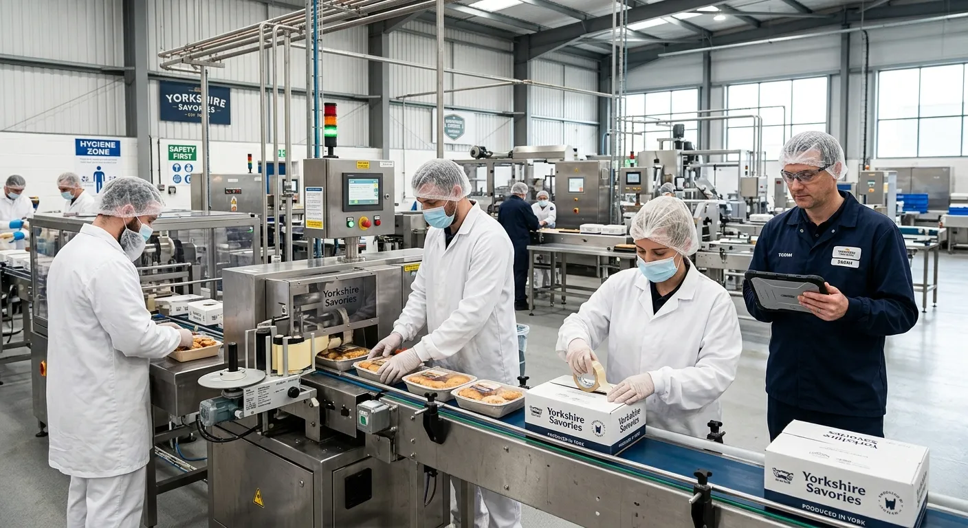 A modern, clean food production line in a York manufacturing facility, with team members in hygienic workwear focused on a packaging station, overseen by a team leader with a tablet.