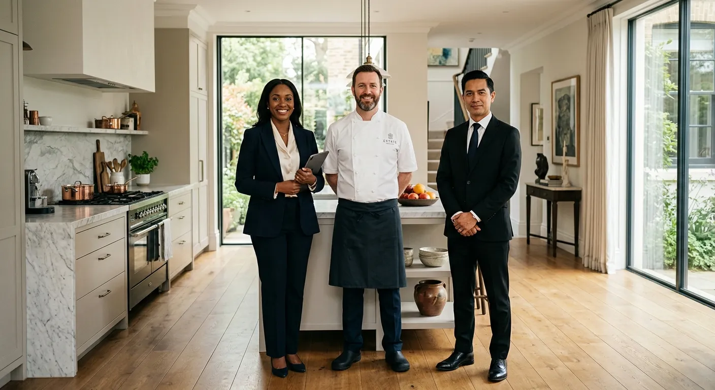 A professional, high-end image of a diverse team of household staff – a butler, a chef, and a house manager – standing attentively in a well-appointed, sunlit kitchen/lobby of a luxury home. Style: Editorial, crisp, modern, aspirational. Mood: Trustworthy, competent, and premium.