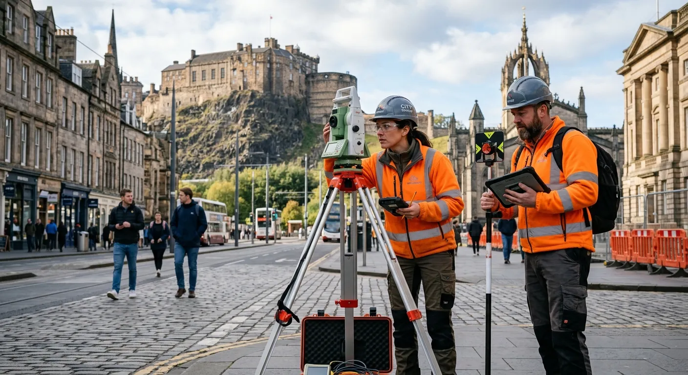 A professional Surveyor team on-site in Edinburgh city centre, working with surveying equipment agai... A professional Surveyor team on-site in Edinburgh city centre, working with surveying equipment against the backdrop of iconic Edinburgh architecture, highlighting a collaborative and technical work environment.