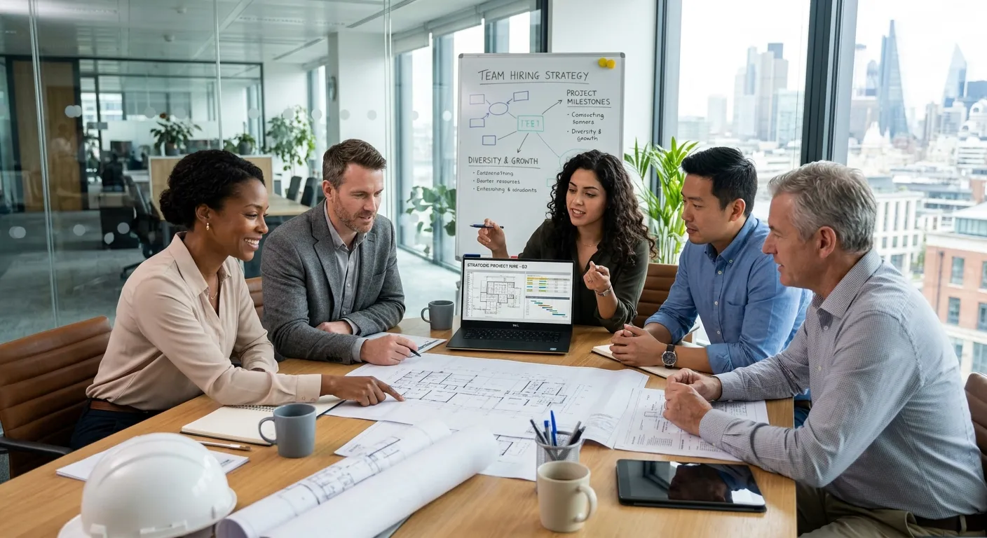 A professional, diverse group of contractors and business professionals collaborating in a modern office meeting room, looking at architectural plans and a laptop, representing strategic hiring.