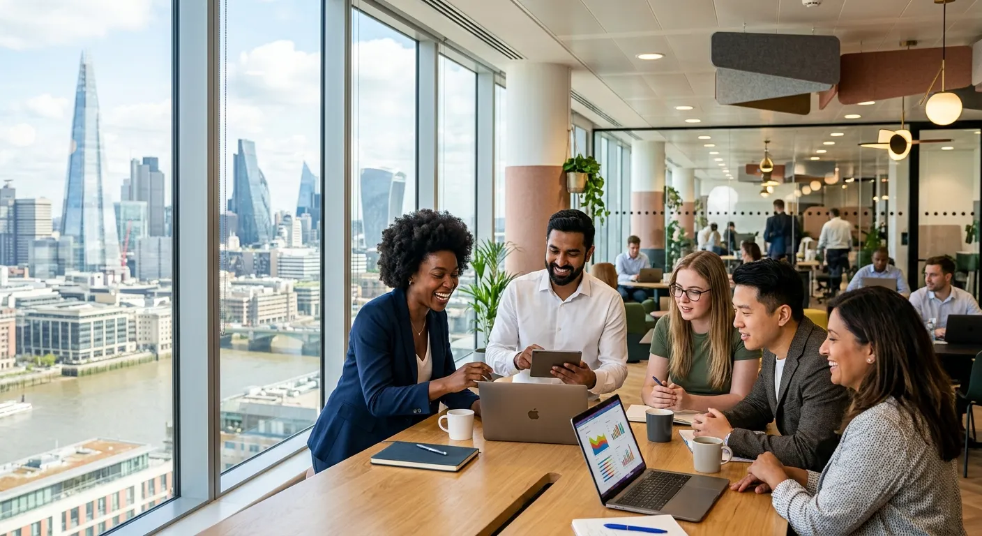 Professional, dynamic hero image of a diverse team collaborating in a modern London office, with vie... Professional, dynamic hero image of a diverse team collaborating in a modern London office, with views of the city skyline in the background. Style: Corporate, vibrant, and high-energy. Mood: Professional, trustworthy, and forward-thinking.