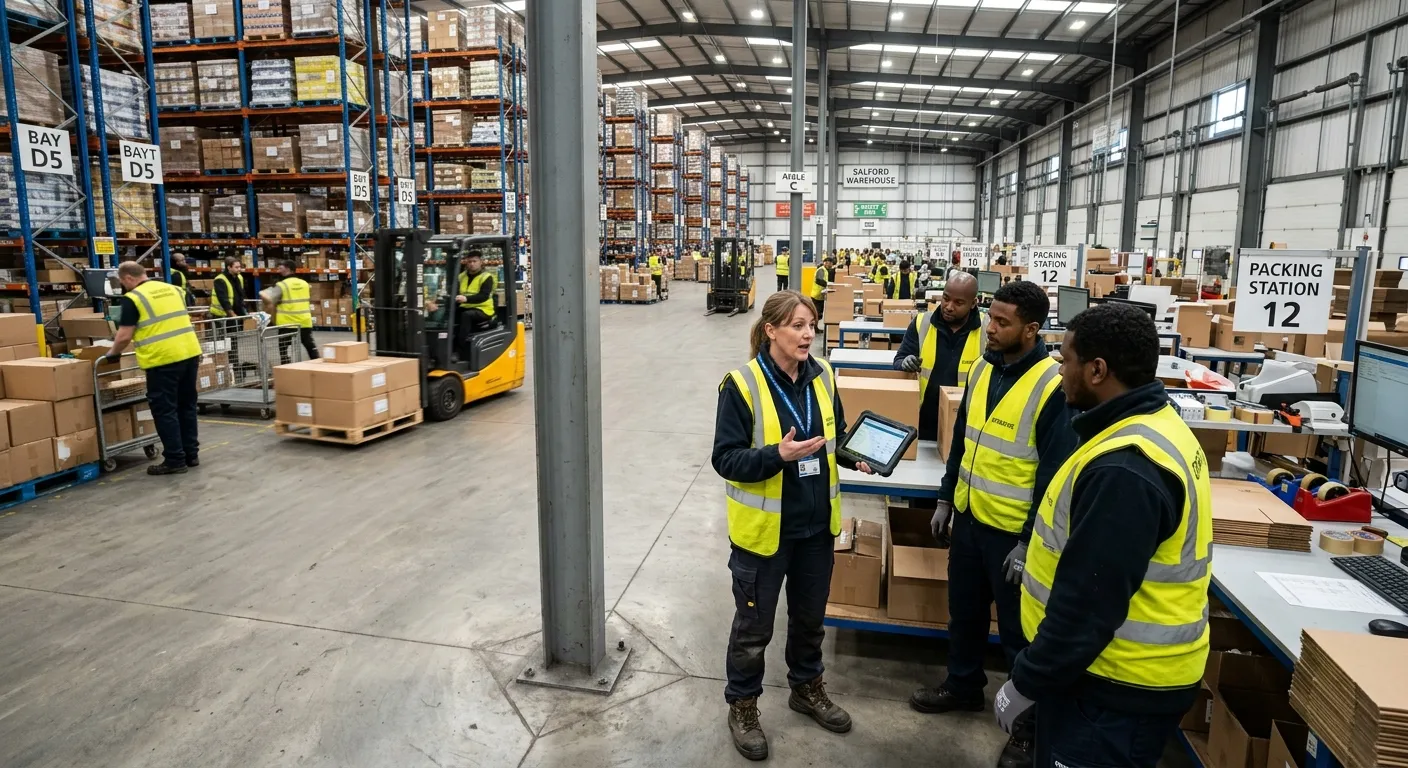 A dynamic, wide-angle photograph from the perspective of a Team Leader on a busy warehouse floor in... A dynamic, wide-angle photograph from the perspective of a Team Leader on a busy warehouse floor in Salford. The image should show the leader in a high-vis vest, tablet in hand, speaking with a small group of operatives near packing stations, with forklifts and racking in the background. The atmosphere should be one of organised, purposeful activity.