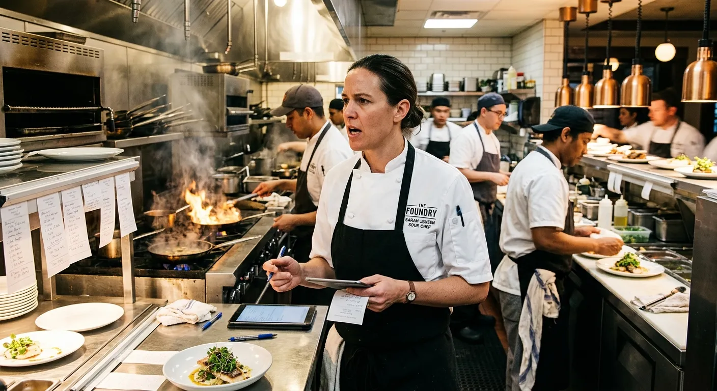 A professional, high-energy kitchen scene. A focused Restaurant Sous Chef in a crisp white jacket is... A professional, high-energy kitchen scene. A focused Restaurant Sous Chef in a crisp white jacket is expediting orders, with a bustling brigade of line cooks in the background. The mood is vibrant, professional, and fast-paced.