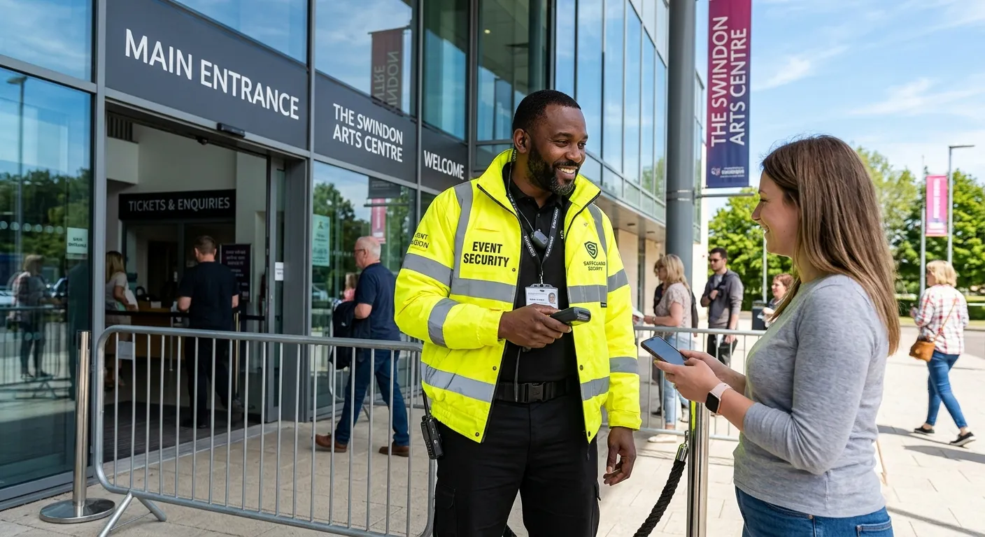 A professional, confident Event Security Officer in high-visibility attire, standing at the entrance of a modern event venue in Swindon, checking tickets with a friendly but authoritative demeanour. Bright daytime, clear sky.