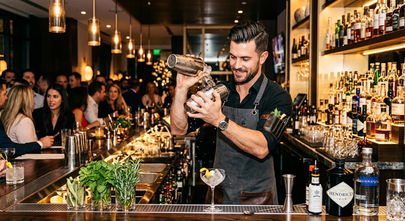 A high-energy, professional shot of a skilled bartender crafting a cocktail in a modern, upscale bar... A high-energy, professional shot of a skilled bartender crafting a cocktail in a modern, upscale bar. Focus on action, skill, and the vibrant atmosphere. Mood: Confident, dynamic, and premium.