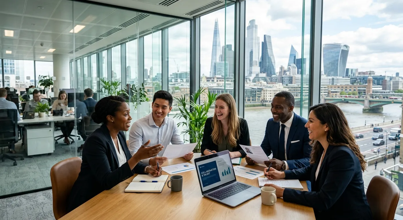 A dynamic, professional photograph of diverse candidates and recruiters collaborating in a modern London office overlooking iconic landmarks like the Shard or Canary Wharf. Style: Corporate, vibrant, aspirational.