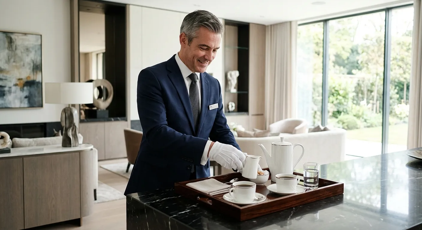 A professional, high-end photograph of a butler in a modern, elegant home setting, arranging a tray... A professional, high-end photograph of a butler in a modern, elegant home setting, arranging a tray with coffee. The mood is sophisticated, trustworthy, and discreet. Style: clean, bright, with a focus on detail and professionalism.