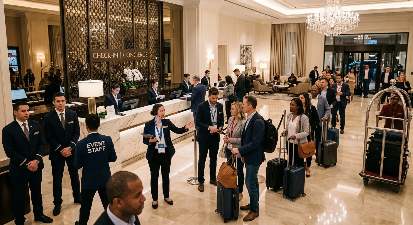 A dynamic, professional photograph of a busy, upscale hotel lobby during a check-in rush. A mix of p... A dynamic, professional photograph of a busy, upscale hotel lobby during a check-in rush. A mix of permanent concierge staff and temporary event assistants are efficiently managing guest queues and luggage. The mood is energetic, organised, and professional.