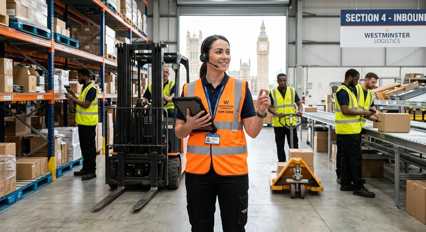 A confident Team Leader in a modern warehouse or distribution centre in Westminster, wearing a high-... A confident Team Leader in a modern warehouse or distribution centre in Westminster, wearing a high-vis vest and a headset, supervising a team with a tablet in hand. Professional, bright, and action-oriented mood.