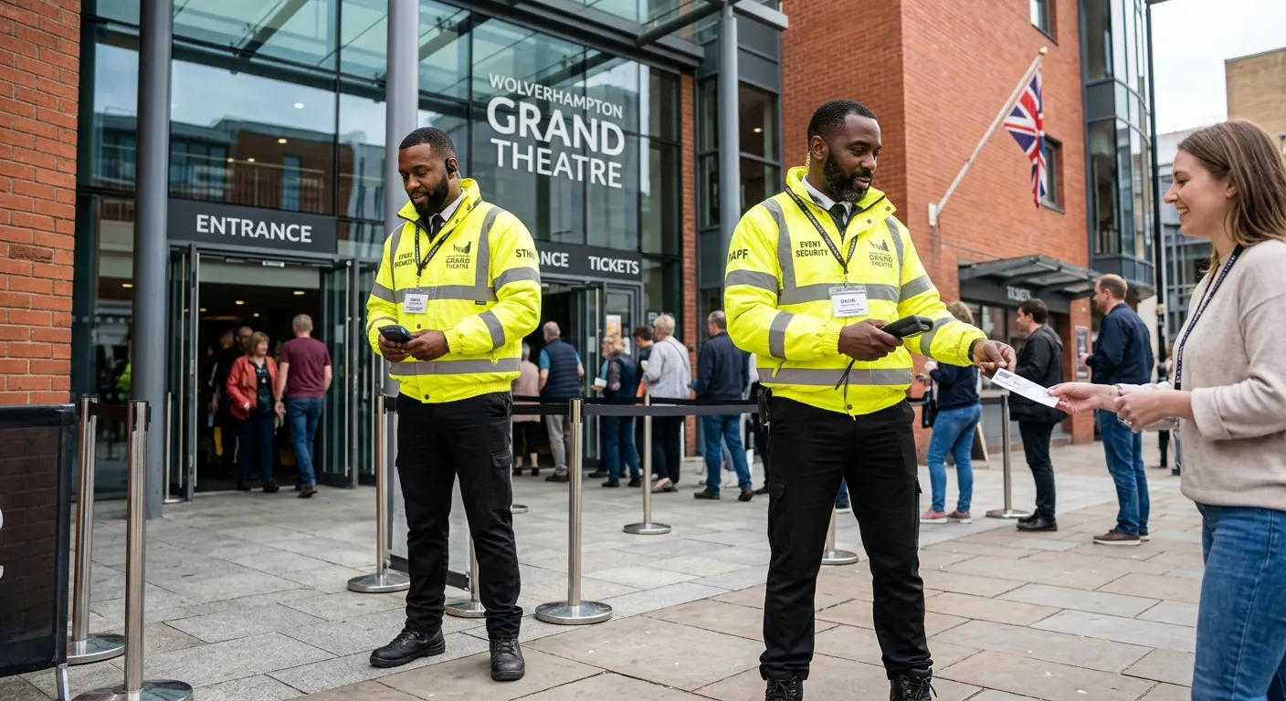 A professional, confident event security officer in high-vis attire, standing at the entrance of a m... A professional, confident event security officer in high-vis attire, standing at the entrance of a modern venue in Wolverhampton, checking credentials. Style: professional stock photo, well-lit, conveying safety and authority.
