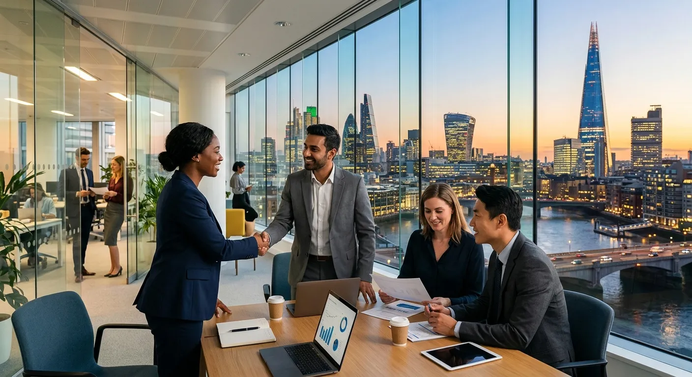 A dynamic, professional photograph of the London skyline (featuring The Shard, Gherkin) blended with... A dynamic, professional photograph of the London skyline (featuring The Shard, Gherkin) blended with diverse professionals in business attire shaking hands and collaborating in a modern office. Style: Vibrant, optimistic, professional. Mood: Energetic, successful, forward-looking.