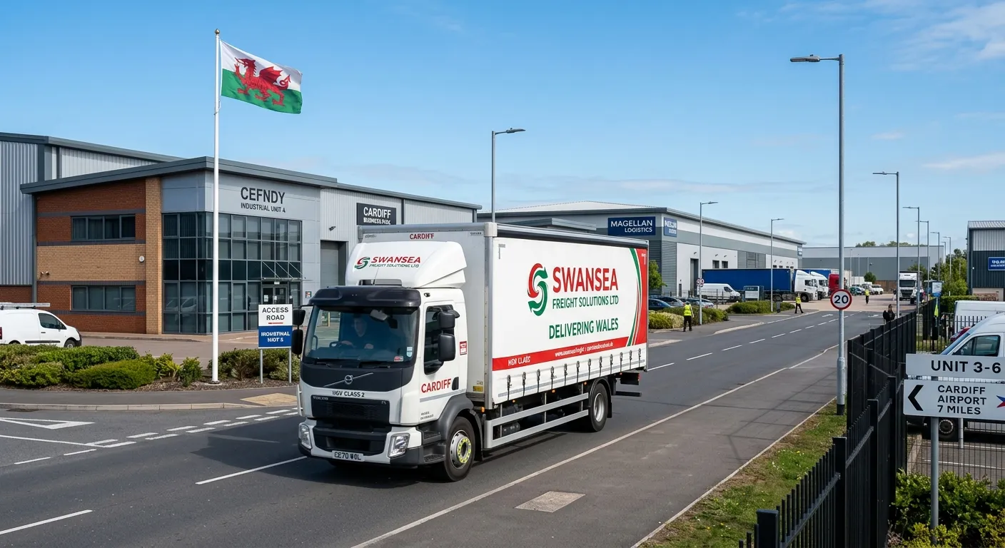 A professional HGV Class 2 rigid lorry driving through a modern industrial estate in Cardiff, with t... A professional HGV Class 2 rigid lorry driving through a modern industrial estate in Cardiff, with the Welsh flag visible, daytime, clear skies.