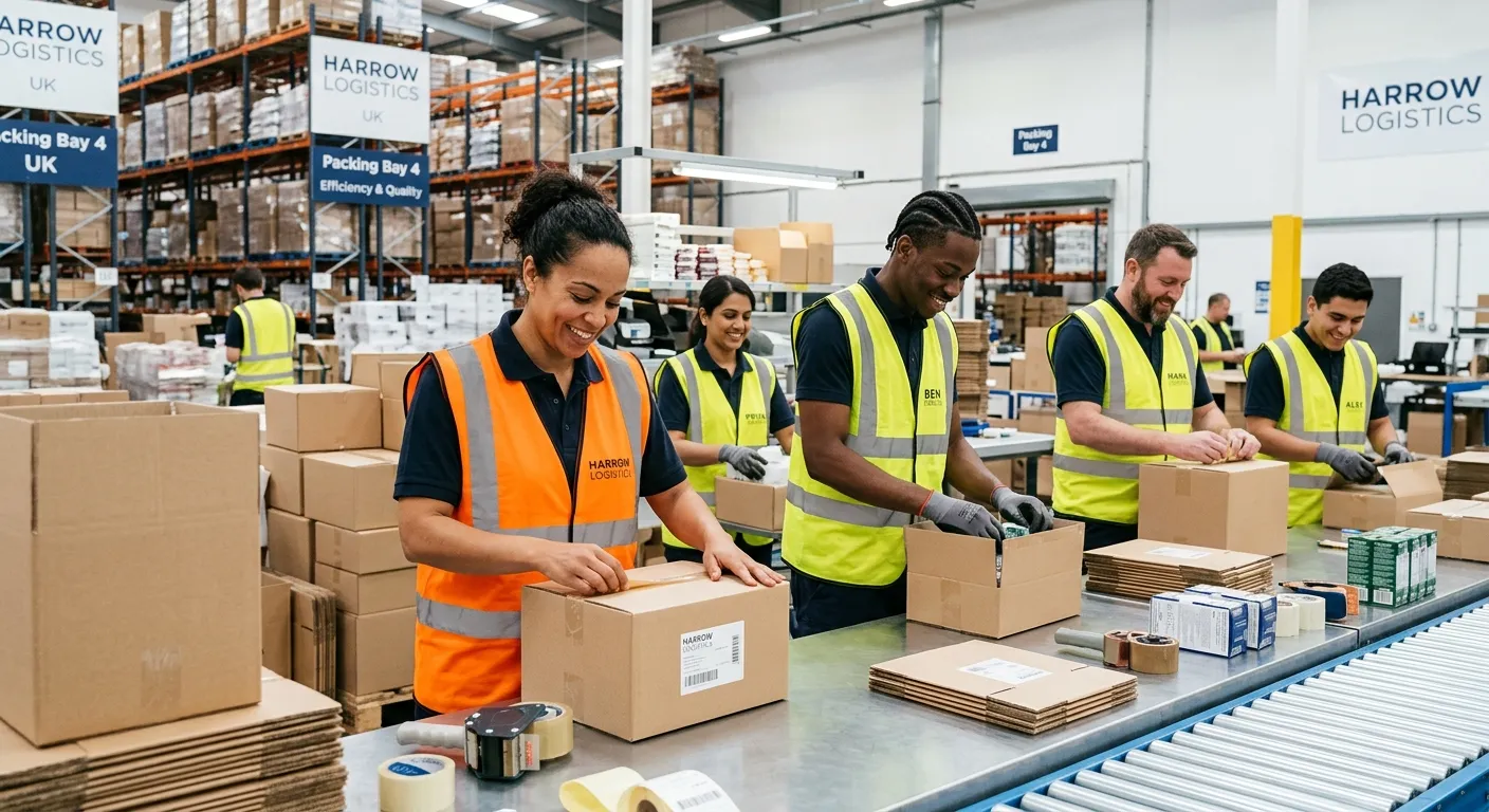 A professional, well-lit photograph of a diverse team of Production Packers in a modern, clean wareh... A professional, well-lit photograph of a diverse team of Production Packers in a modern, clean warehouse in Harrow. They are efficiently packing goods into boxes, smiling, with a focus on teamwork and precision. Style: Authentic, corporate, aspirational.