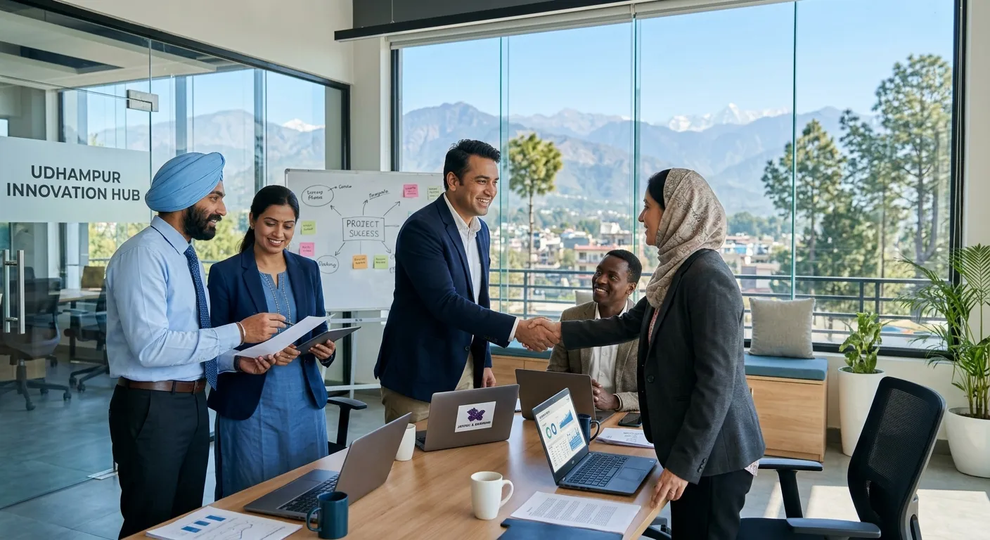 A professional, high-resolution image of a diverse group of professionals in a modern Udhampur offic... A professional, high-resolution image of a diverse group of professionals in a modern Udhampur office setting, shaking hands and collaborating. Style: Bright, optimistic, and professional. Mood: Confident and successful.