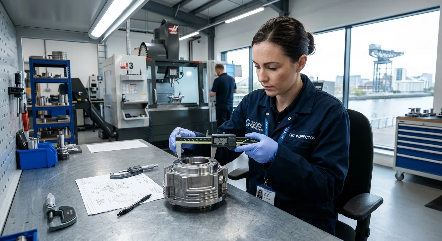 A professional Quality Control Inspector in a clean manufacturing environment in Glasgow, using a di... A professional Quality Control Inspector in a clean manufacturing environment in Glasgow, using a digital caliper to measure a precision metal component. Style: Realistic, well-lit, focusing on detail and concentration.