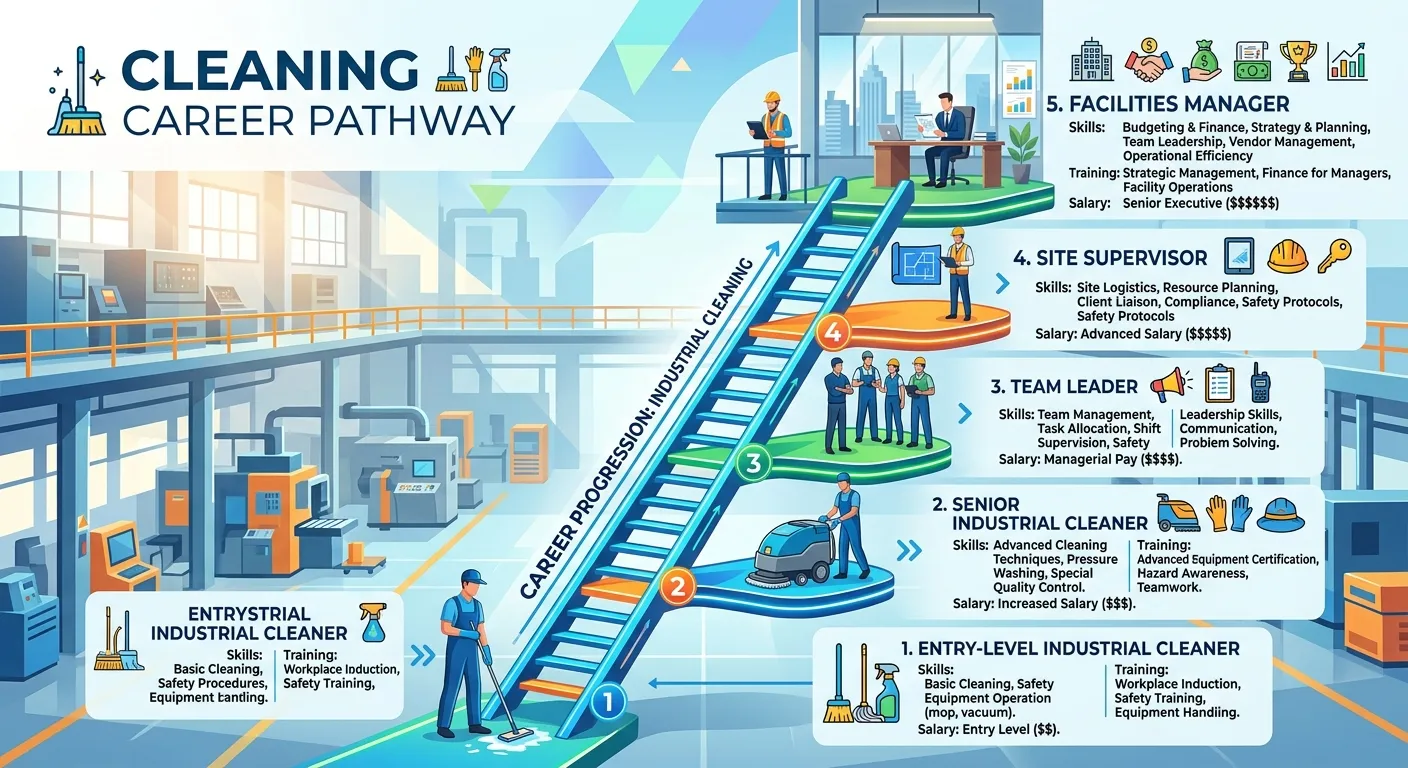 A clean, modern infographic showing a career progression ladder from 'Entry-Level Industrial Cleaner' up to 'Site Supervisor' and 'Facilities Manager', with icons for salary increases, training, and key skills at each step.
