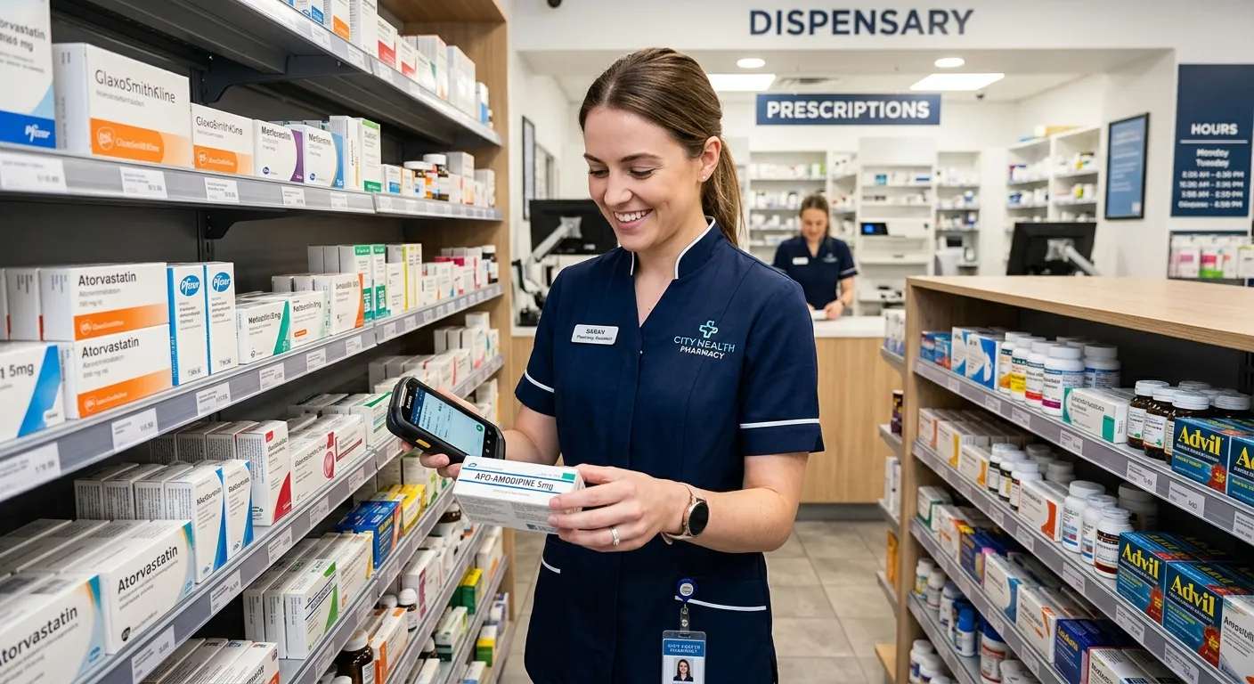 A friendly Pharmacy Assistant in a modern dispensary, wearing a uniform, carefully checking stock on... A friendly Pharmacy Assistant in a modern dispensary, wearing a uniform, carefully checking stock on shelves with a digital handheld device.