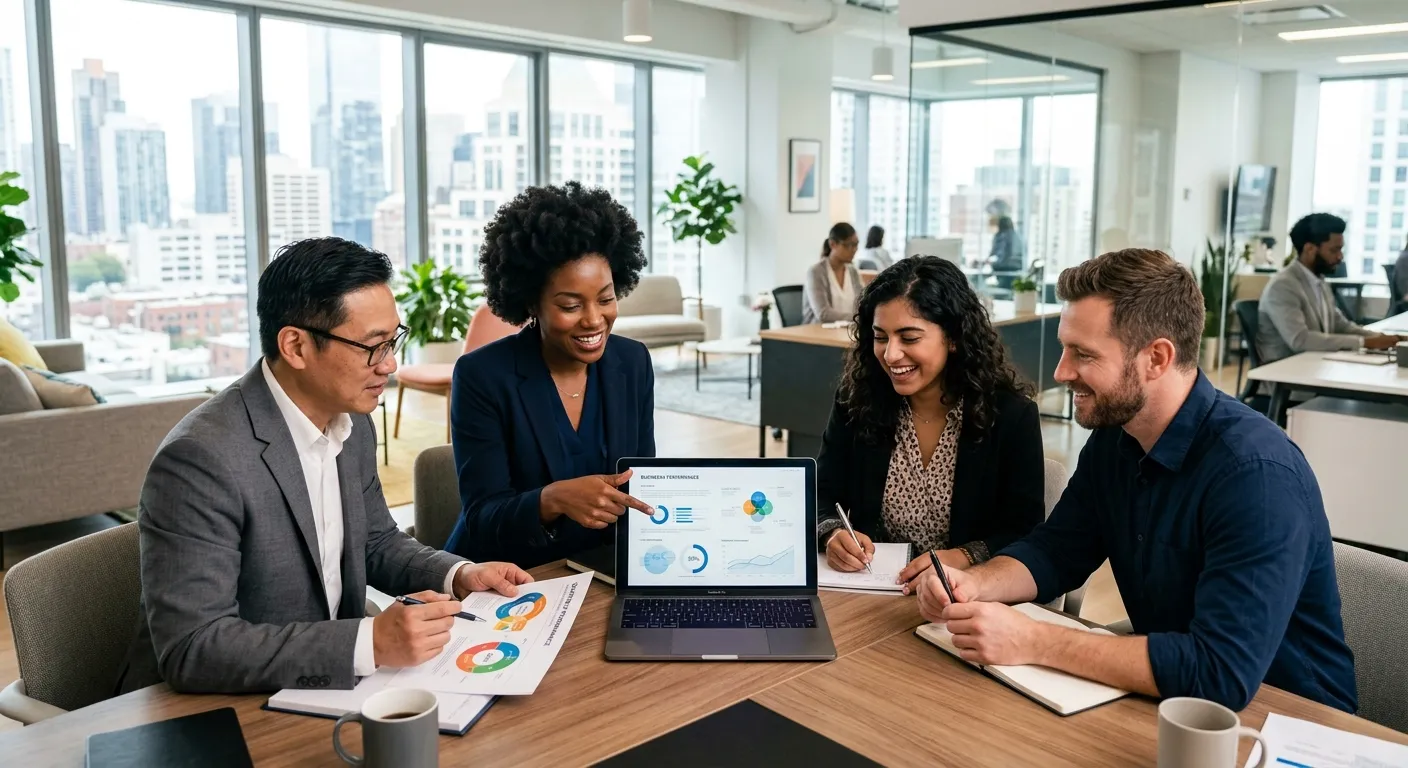 A diverse group of professional business administrators in a modern office, collaborating over a laptop and documents. The style is bright, professional, and aspirational.