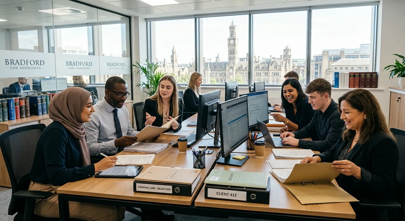A professional, diverse group of legal secretaries and administrators working collaboratively in a m... A professional, diverse group of legal secretaries and administrators working collaboratively in a modern Bradford law office. Style is bright, authentic, and focused on teamwork.