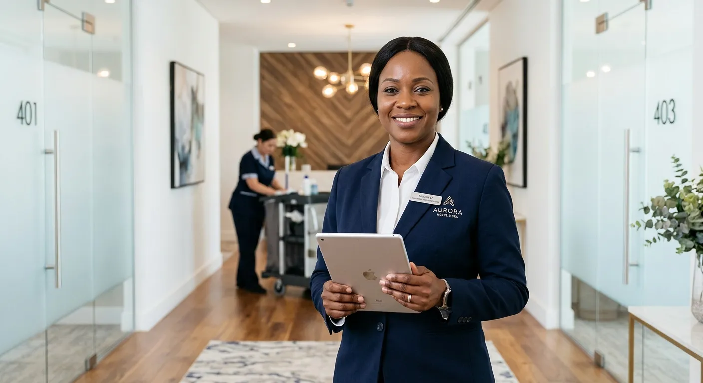 A professional, confident Housekeeping Supervisor in a modern hotel or office environment, smiling a... A professional, confident Housekeeping Supervisor in a modern hotel or office environment, smiling and holding a tablet, with a clean, bright background. Style: Corporate, aspirational, trustworthy.