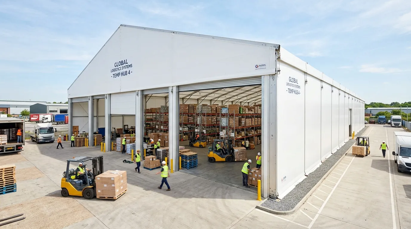 A wide-format, professional photo of a modern, expansive industrial temporary warehouse structure. T... A wide-format, professional photo of a modern, expansive industrial temporary warehouse structure. The building is white and clean, with large open doors revealing a busy interior of workers managing inventory. The scene is bright, sunny, and conveys efficiency and scalability.