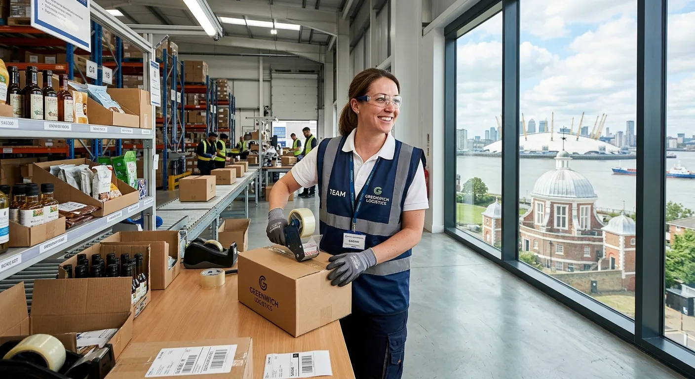Professional, aspirational image of a Production Packer in a clean, modern Greenwich warehouse envir... Professional, aspirational image of a Production Packer in a clean, modern Greenwich warehouse environment, efficiently packing goods. They are smiling, wearing safety gear, with the iconic Greenwich Observatory or O2 Arena subtly visible through a window, conveying a sense of local pride and professional opportunity.