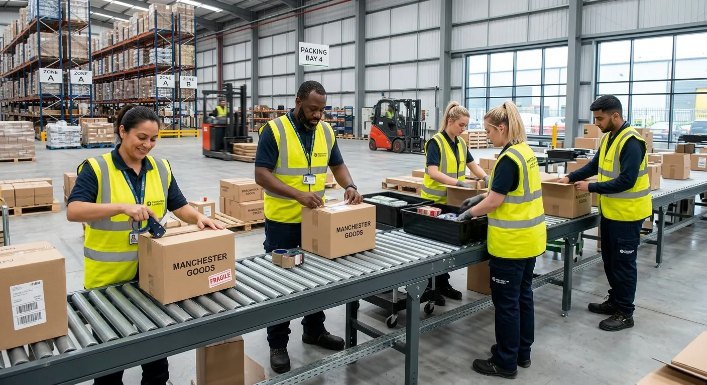A professional, dynamic photo of a diverse team of Production Packers in high-visibility vests worki... A professional, dynamic photo of a diverse team of Production Packers in high-visibility vests working efficiently in a modern, clean warehouse environment in Manchester. They are carefully packing goods on a conveyor line. The mood is focused, productive, and professional.