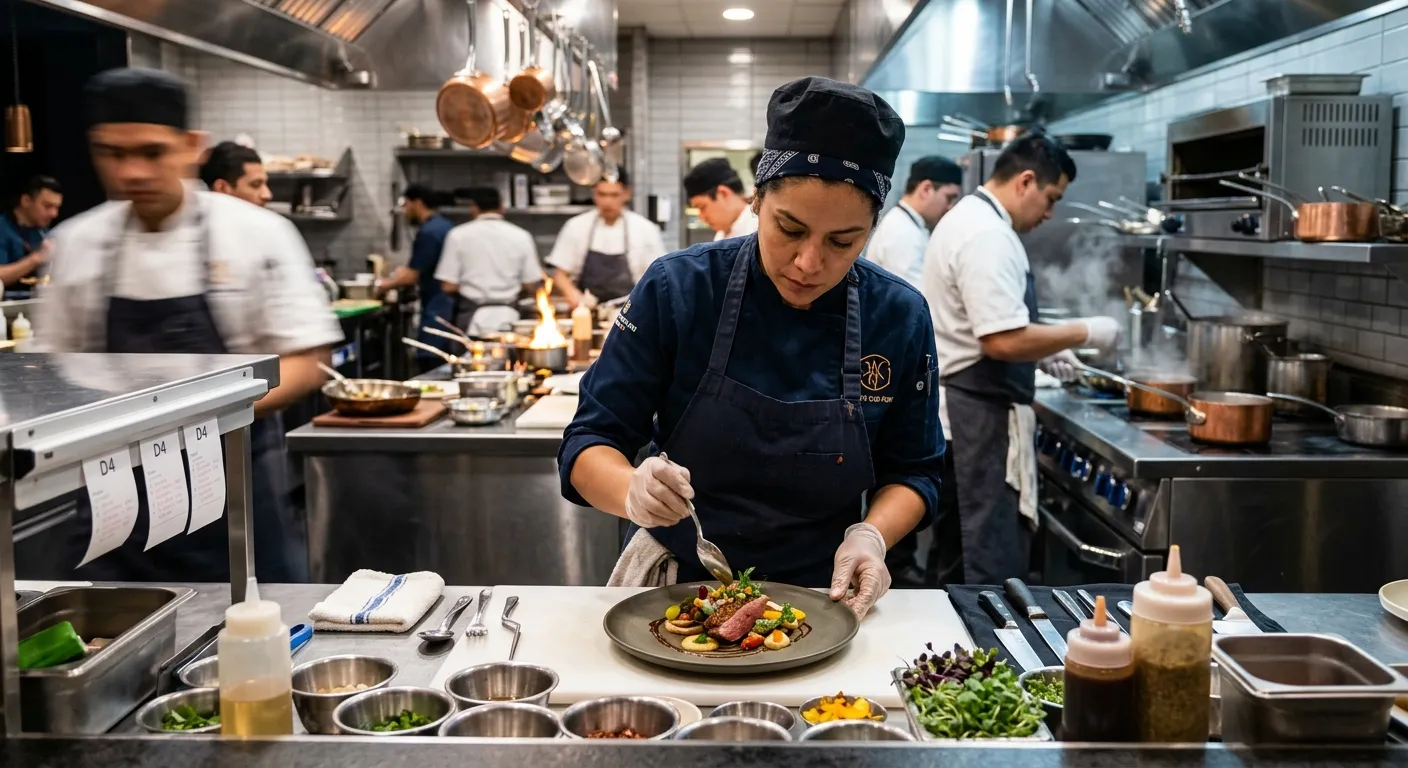 A professional, high-energy kitchen scene in a modern restaurant or hotel. A focused Chef de Partie is plating a dish with precision, surrounded by a clean, organised station. The mood is professional, bustling, and skilled.