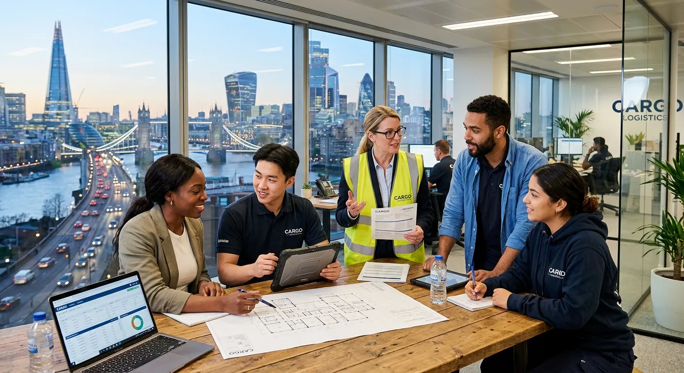 A professional, dynamic photograph of a diverse team of office and logistics workers collaborating in a modern London workspace, with iconic London skyline visible through large windows. Style: Bright, professional, and energetic. Mood: Confident, efficient, and forward-thinking.
