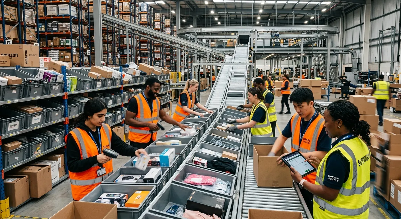 A dynamic, high-energy shot inside a modern London warehouse or logistics hub. A diverse team of age... A dynamic, high-energy shot inside a modern London warehouse or logistics hub. A diverse team of agency temp workers in high-vis vests are efficiently managing inventory on a busy picking line, with a supervisor checking a tablet. Style: Professional, vibrant, and action-oriented.