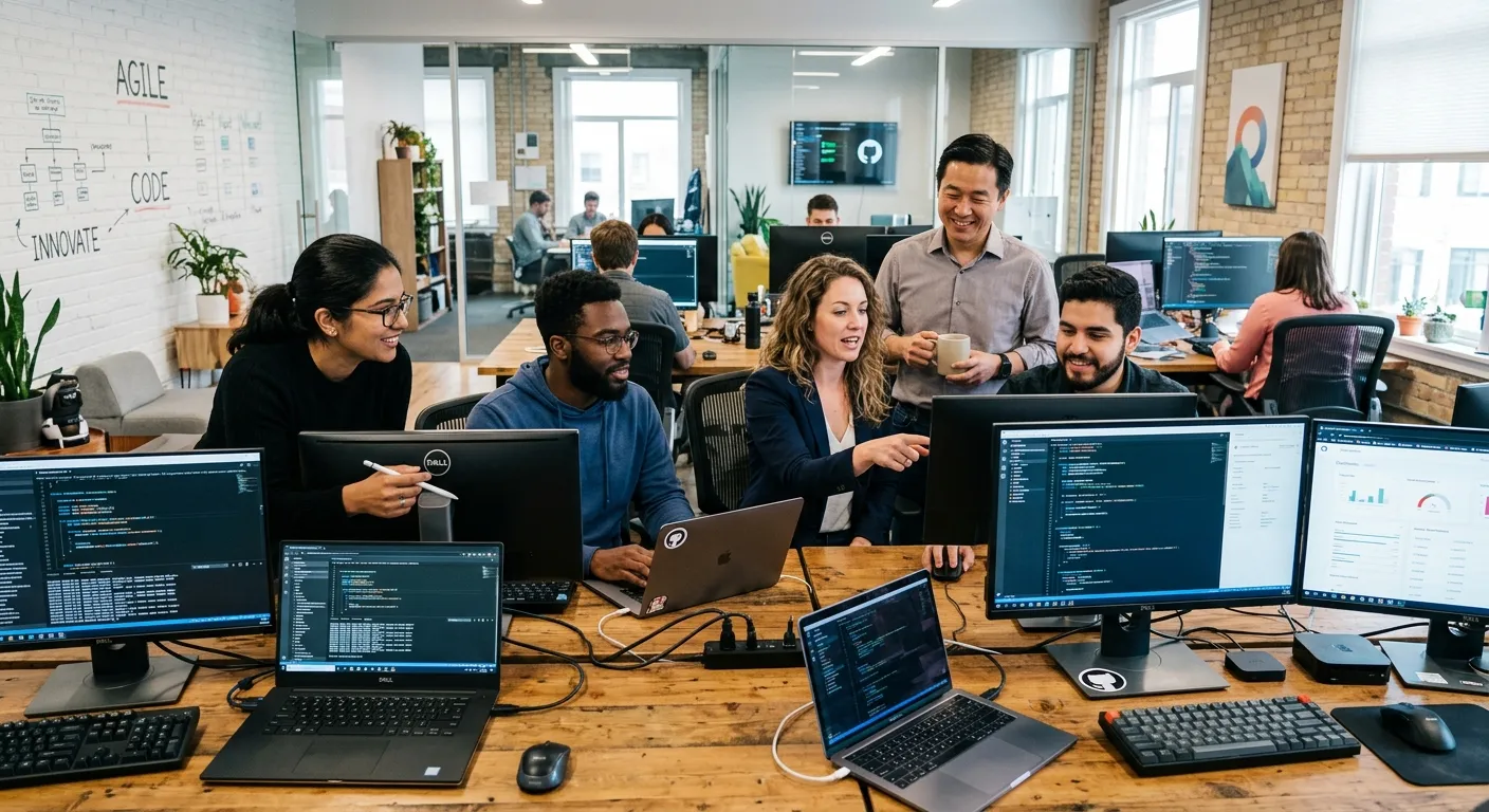 Modern, diverse team of IT professionals collaborating in a bright, tech-focused office environment,... Modern, diverse team of IT professionals collaborating in a bright, tech-focused office environment, with laptops and multiple monitors, conveying agility and expertise